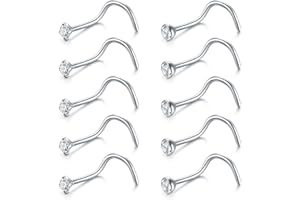 FECTAS 10pcs Nose Ring Screw Nose Stud 18G 20G Corkscrew Nose Piercing Jewellery Stainless Steel 2mm Diamond Silver Gold