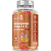Multivitamin &amp; Omega Gummies 3 6 9 For Kids, 16 Vitamins &amp; Minerals | Raspberry Orange Flavor 120 Count - Low Sugar, Gluten a