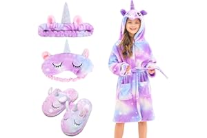 Piefry Girls Soft Unicorn Hooded Bathrobe with Unicorn Slippers, Blindfold and Headband - Gifts for Girls