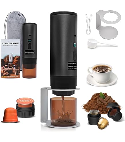 Caffettiera portatile da viaggio, caffè espresso ricaricabile da 12 V e borsa per campeggio e auto, riscaldamento rapido, compatibile con capsule K-Cup e caffè macinato, da viaggio (bianco