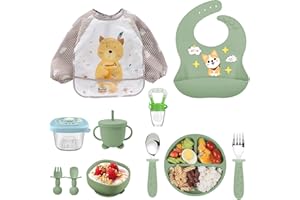 OSKUGLIN Silikon Baby Geschirrset Kindergeschirr, Baby Kinderteller Set, Geschirrset Kindergeschirr mit Saugnapf, 11 Stücke Rutschfest Silikon Geschirr Sets Rutschfest Babyteller Schüssel Lätzchen