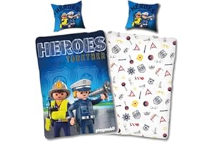 SkyBrands Playmobil Ropa de cama de 135x200 cm, 80x80 cm, juego de ropa de cama infantil de algodón, policía, regalo de bomberos, 2 piezas, 1 funda nórdica y 1 funda de almohada