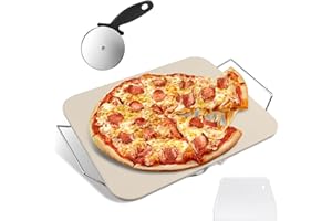 ESIE HOUZIE Pizza Stones for Oven & BBQ – 38 x 30 CM Ceramic Baking Stone Set with Pizza Cutter & Metal Rack, 300°C Heat Resistant Pizza Making Accessories for Home Baking and Grilling