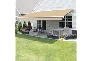 PANANA 4 x 3m Retractable Manual Awning, DIY Folding Awning with Hand Crank Patio Garden Sun Shade Canopy Gazebo, Anti-UV and Waterproof for Courtyard, Balcony, Restaurant (Beige)