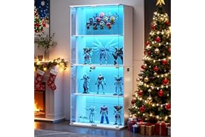 Gurexl 66" Display Cabinets with Glass Door,4 Shelf Curio Storage Cabinet with 3 Color Lights,Bookcase Display Case with Human Body Sensor for Collectiblesbb,Toys,Living Room,Bedroom Furniture,White