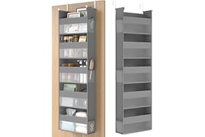 SONGMICS Wiszący regał magazynowy, Wisząca półka, Regał magazynowy na drzwi, Materiałowy regał drzwiowy, Przezroczysta siatka nylonowa, Metalowe haki, Kieszenie boczne, Gołębia szarość RDH007G01