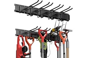 Gaethra Uchwyt na narzędzia z 6 ściennymi hakami, regulowany uchwyt na narzędzia ogrodowe, zawieszenie narzędzi ogrodowych do organizacji garażu, ogrodu, podwórka, piwnicy, czarny