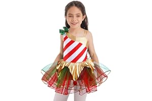 Freebily Tutu Danse Enfant Fille Justaucorps Gymnastique Ballet Patinage Artistique Vêtements De Danse Fille Robe Noël Elfe Rayé Sans Manches