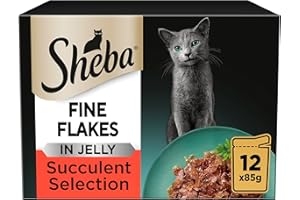 Sheba Fine Flakes Wet Cat Food Pouches - MultiPack Succulent Collection with Beef, Chicken, Lamb and Turkey in Jelly, Pack of 4 (4 x 12 Pouches x 85 g)