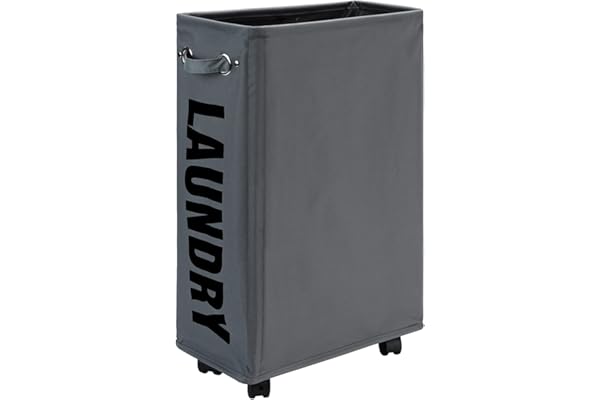 DOKEHOM 25-Inches Slim Panier à Linge sur Roulettes, Panier à Linge Roulant Pliable, Rangement d'angle étroit Pliable (Gris foncé)