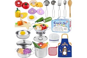 Airlab Kids Kitchen Accessories, Wooden Food Toys Stainless Steel Pots and Pans Playset, Kitchen Utensils Cooking Set with Childrens Chef Hat Apron, Pretend Role Play Food for Boys Girls Toddlers
