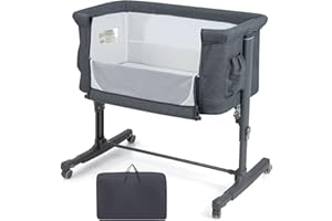 COSTWAY 3-in-1 Baby Bedside Crib, Easy Folding Cot Bed with Mattress, Breathable Mesh Window, Lockable Wheels and Travel Bag, Height Adjustable Newborn Sleeper for Birth to 9kg (Grey)