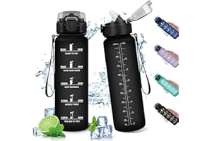 KOLLYKOLLA Gourde Sport 1L, Bouteille Reutilisable, Gourde Enfant avec Marqueur de Temps, Bouteille avec Paille, Bouteille d'eau Étanche, Gourde pour Gym, Bureau, l'école, Fitness, Randonnée, Yoga, Camping