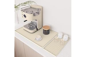 BLESWIN Large Coffee Machines Silicone Mat Waterproof Pad with Detachable Dish Drying Mat,Non-Slip Raised Edges Design,40*60 Foldable Coffee Machine Mat for Kitchen Counter,White