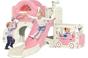 LEFLUFFY 9-in-1 Toddler Slide, Bus-Themed with Climbing Ladder,Tunnel and Basketball Hoop, Indoor Outdoor Garden Slide Set, Children's Montessori Play Equipment,Gifts for Kids Girls Boys Teen Ages 1-6