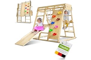 Juskys Maxi struttura per arrampicata per bambini - parco giochi per interni con scivolo, parete di arrampicata, rete di arrampicata e altalena - torre di arrampicata pieghevole in legno - naturale