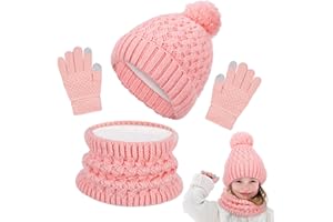 HALINUIA Ensemble bonnet,écharpe et gants d'hiver pour enfants,3 pièces,tricoté chaud,écharpe épaisse et moelleuse,chapeau à pompon,gants à deux doigts pour écran tactile,pour garçons et filles de 2 à 8