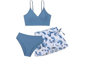 JIABING Mädchen Bikini Set, Badeanzüge für Mädchen,Bikini Top+Shorts +Slips Badeanzug 3-teilige,Kinder Badebekleidung mit Blumenmuster Schwimmanzug für 8-14 Jahre
