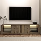 Aydos LED Işıklı Modern TV Sehpası &ndash; Cam Raflı, 2 Kapaklı, 180 cm, Antik Ceviz