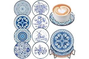 SOEWIOU 8 Pcs Diamond Painting Coasters with Holder,Blue and White Porcelain Diamond Art Coasters 5D DIY Art Coasters Kits Round Full Drill Diamond Art Craft Supplies for Adults Kids,Beginners