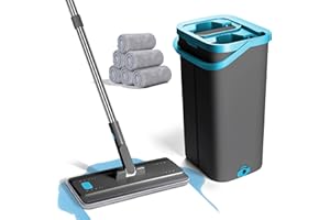 Masthome Mocio Lavapavimenti con Secchio, Mocio Piatto Rotante con 6 Panni in Microfibra, Mocio con Secchio Strizzatore, Mocio Lavapavimenti Doppio Secchio per Pulizia Pavimenti in Parquet Legno