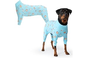 Spark Paws Hundepyjama, ultraweich und 4-Wege-Stretch, Erholungsanzug nach Operation, Schlafanzug Onesie für Kleine, Mittlere und Große Hunde - Breakfast Blue - 4XL