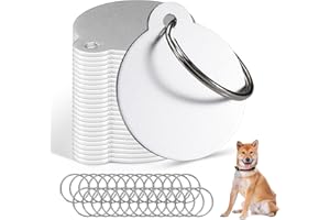 Modixun 25 etiquetas de perro en blanco para grabar, etiquetas de nombre de perro de 3,1 cm, identificación de gato y mascota, etiquetas redondas de metal en blanco con llavero