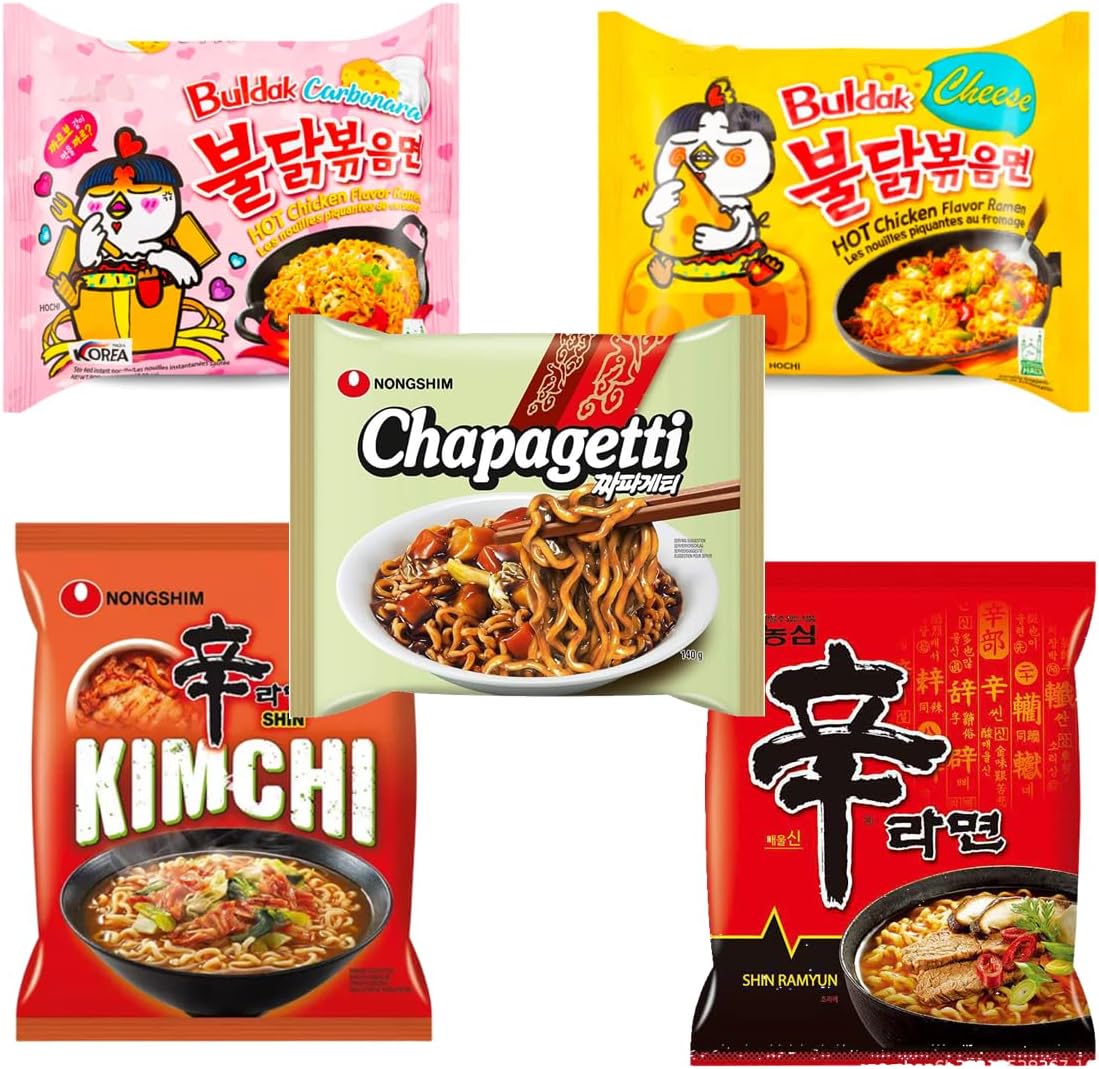 YIJIA | Pack 5 Paquetes mezclados B Ramen Coreano instantáneo Shin Ramyun, de Kimchi, de Chapagetti, Carbonara y de Queso