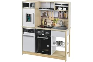 Theo Klein 7188 Miele Cuisine Family I Cuisine en Bois avec Table de Cuisson à Fonction Lumineuse et sonore, Micro-Ondes, réfrigérateur et Distributeur de glaçons