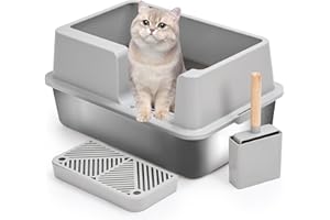 Uisave Offene Katzentoilette Edelstahl Katzenklo XXL– Große Katzentoilette für Große Katzen und Kätzchen – Spritzschutz, Leicht zu Reinigen, Tierfreundliches Design,Grau