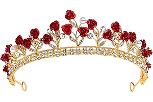 ‎LURROSE Red Rose Bridal Tiara Bridal Headpiece Alloy Rhinestone Wedding Crown for Prom, Pageant, Birthday, Party and Halloween, 1 Count (Pack of 1), Alloy