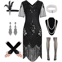 HSHHOOM Jaren 20-kostuum voor dames, Charleston-kostuum voor dames, met paillettenjurken, hoofdband, parelketting, jaren 20 flapperjurk voor carnaval, Halloween, themafeest (S