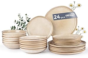 GBhome Stoneware Dinner Sets for 6 People, 24 Pieces Handcrafted Plates and Bowls Set, Scratch Resistant Dinnerware Set, Oven, Dishwasher & Microwave Safe Crockery Set, Cappuccino