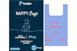 Pastiko Compostable Nappy Bags | 100 Pcs | Extra Thick Leakproof Nappy Sacks | 100% Biodegradable & Plant-Based Large Diaper bag | TUV Home Compostable Certified | Baby Changing Essentials (Blue)