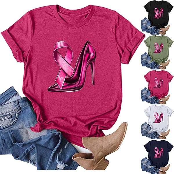 T-Shirt Imprimé Lettre Sensibilisation Au Cancer Du Sein Pour Femmes Manches Courtes