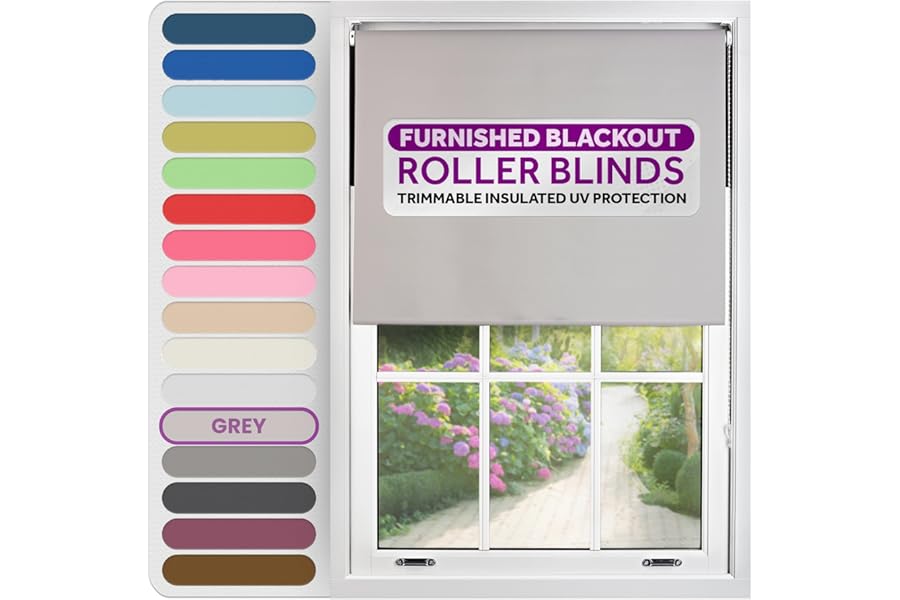 FURNISHED Roller Blinds Thermal Blackout Roller Blind - Trimmable Insulated UV Protection Child Safe Easy Fit Home Office Window Blinds, Grey, 70 cm Wide x 165 cm Long