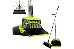 FLOORINGTON Long Handled Dustpan and Brush Set Upright Broom with Soft Bristles & Durable Dustpan for Indoor and Outdoor Cleaning (GREEN & BLACK)