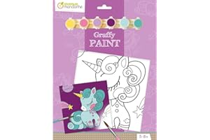 Avenue Mandarine - Ref PP018O - Graffy Paint Activity Set - Unicorn - Pre-Drawn Painting Cardboard Canvas, 20cm x 20cm, 6 Paints to Use, Suitable for Ages 5-8+
