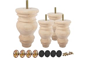 TCHOSUZ 5 inch / 12cm Wooden Furniture Legs, Pack of 4 Unfinished Solid Wood Turned DIY Replacement Bun Feet with M8 Hanger Bolts & T-Nuts or Sofa Couch Cabinet Recliner Ottoman Riser