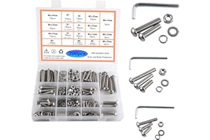 Rshuhx Zestaw śrub gwintowanych M5, M6, M8, śruby sześciokątne 304, stal nierdzewna, śruby z łbem okrągłym i nakrętkami, podkładki metryczne, zestaw śrub z łbem sześciokątnym, 300 sztuk