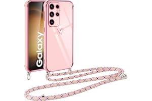 Vauki Funda con Cuerda para Samsung Galaxy S23 Ultra, Patrón de Corazón TPU Carcasa, con Colgante Ajustable Collar Correa para el Cuello Cadena Cuerda, AntiChoque Suave Silicona Cover, Rosa