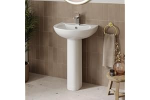 AFFINE Curved Bathroom Wash Basin Sink Full Pedestal Floorstanding 1 Tap Hole Ceramic Modern Gloss White