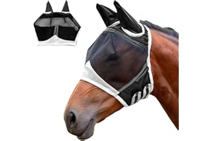 LUMOOM Maschera da mosche per cavalli, con protezione UV, maschera per cavalli con paraorecchie, orecchie da mosca, cavallo, cappello da mosca (L, nero)