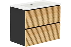 Baikal Mueble de Baño Dash. Conjunto de Baño de 2 Cajones, Suspendido en Pared, Incluye Lavabo Cerámico. Mueble de Fondo de 46cm. Mueble MONTADO. Lavabo Encastrado sin Espejo 80 cm Bicolor