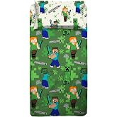 Minecraft Single Sheet Set, Flat Sheet, Fitted Sheet, Pillow Case, Green, 100% Cotton, Official Product