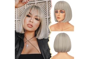 BARSDAR Gris Perruque avec Franges, 30cm Courte Perruque Droite Bob avec Franges pour Les Femmes Courte Bob Perruques Naturel Synthétiques Résistantes à la Chaleur Perruques (Gris)