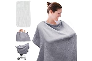 JJKOL Tablier Allaitement, Cape Allaitement Bébé, Couverture Allaitement Bébé 100% Coton, Avec 1 Serviette pour Bébé, Doux, Respirant et Sangles Réglables, Pour poussettes (Gris)