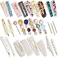 28 PCS Pearls and Acrylic Resin Hair Clips, Handmade Hair Barrettes, Marble Barrettes Pins, Glitter Crystal Geometric Hairpin, Elegant Gold Hair Accessories, Gifts for Women Girls