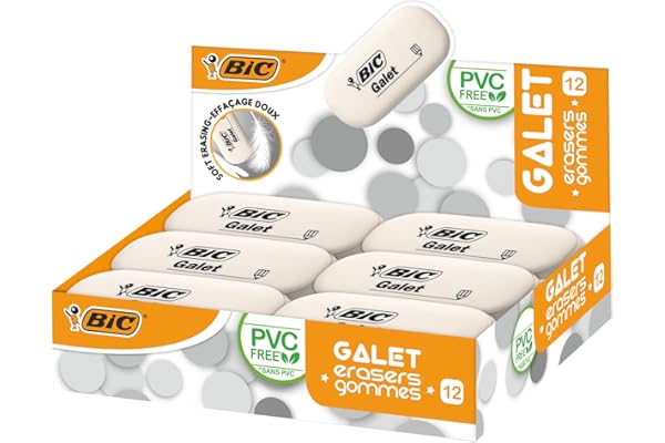 BIC Galet - Gommes Blanches en Caoutchouc Synthétique sans PVC pour Mines Graphite et Crayons de Couleurs - Boîte de 12