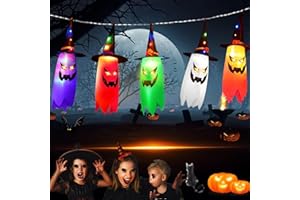 FQUVSP Decoración de Halloween, 5 Piezas Fantasmas Colgantes con Sombrero de Bruja, Decoración de Halloween al Aire Libre, Decoracion de Fiesta Brillante Bruja para árbol, Jardín, Patio